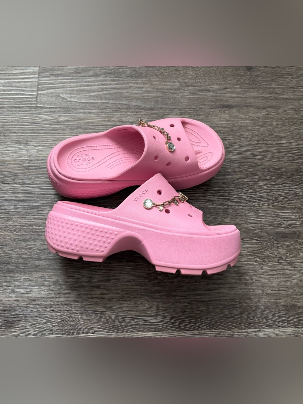 CROCS Pink Platform Clog Slides with Decorative Chain Charms
